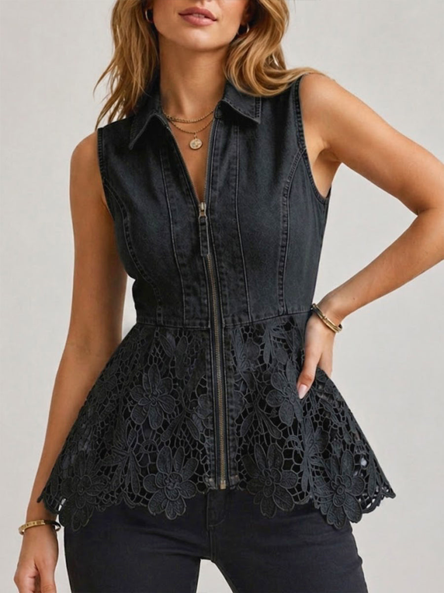 New Arrivals 🔥 Stylish Spliced lace & Zipper Denim Top