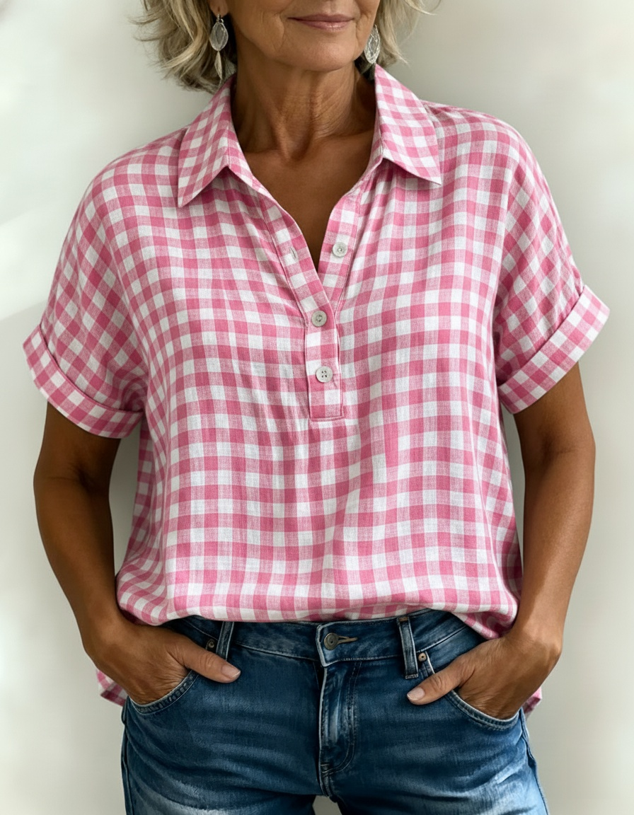 Casual Gingham Cotton-Linen Blouse