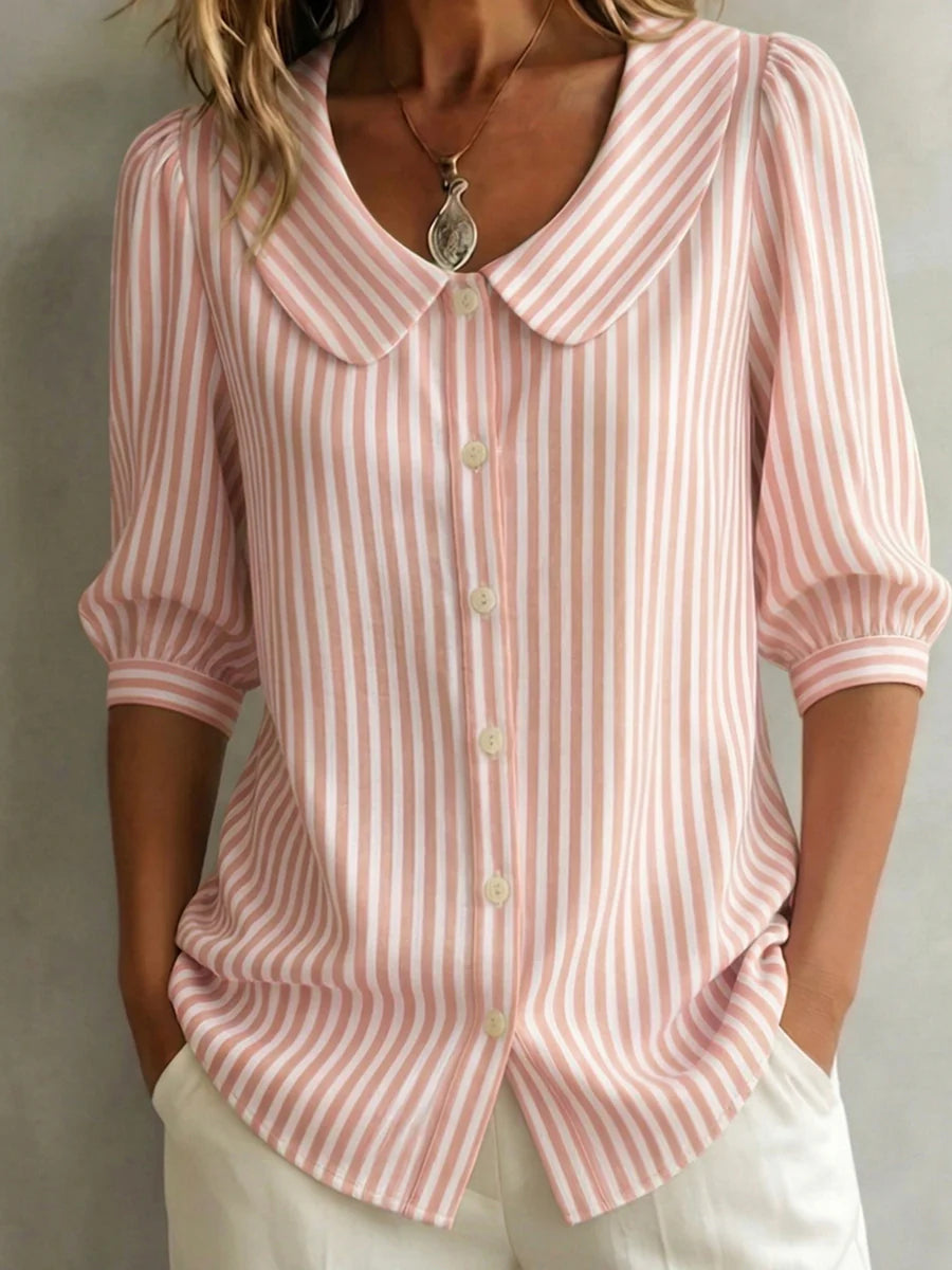 Clearance Sale🔥 Women's Retro Peter Pan Collar Striped Cotton Linen Shirt