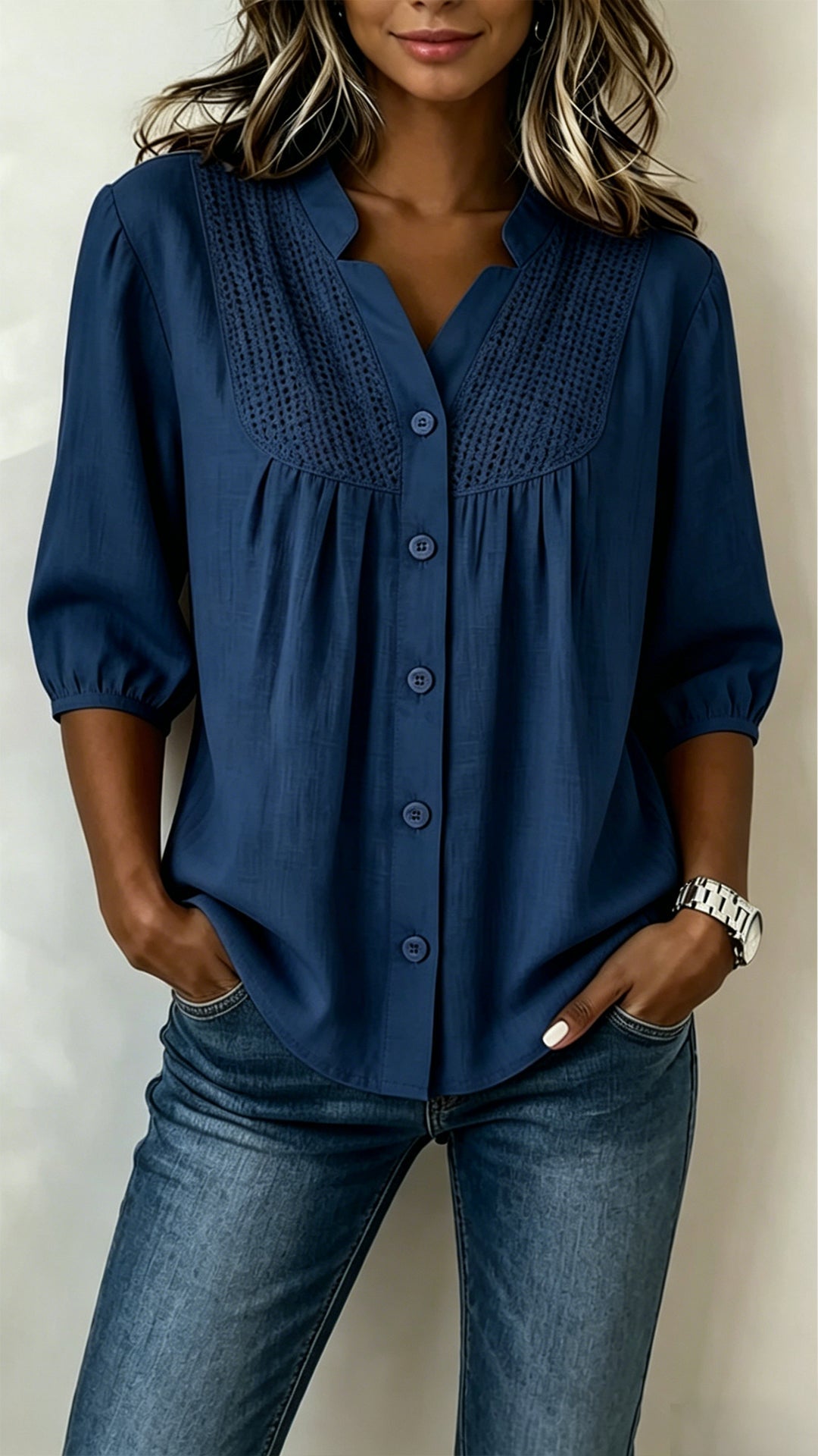 Women's  Crochet Detail Cotton-Blend Blouse