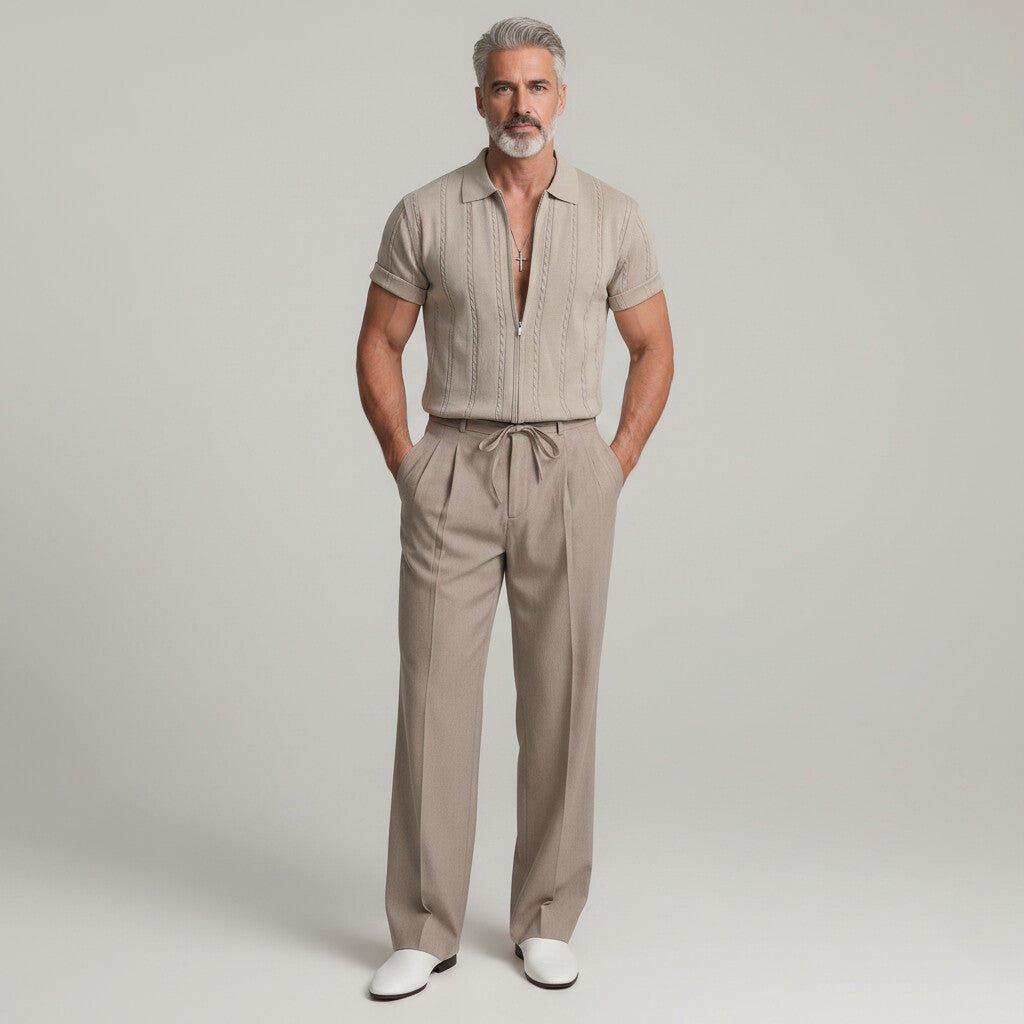 Men's Solid Color Cable Knit Texture Turndown Collar Zipper Short Sleeve Shirt