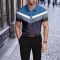 Men's Casual Blue And Gray Geometric Shapes Printed Short-Sleeve Polo Shirt