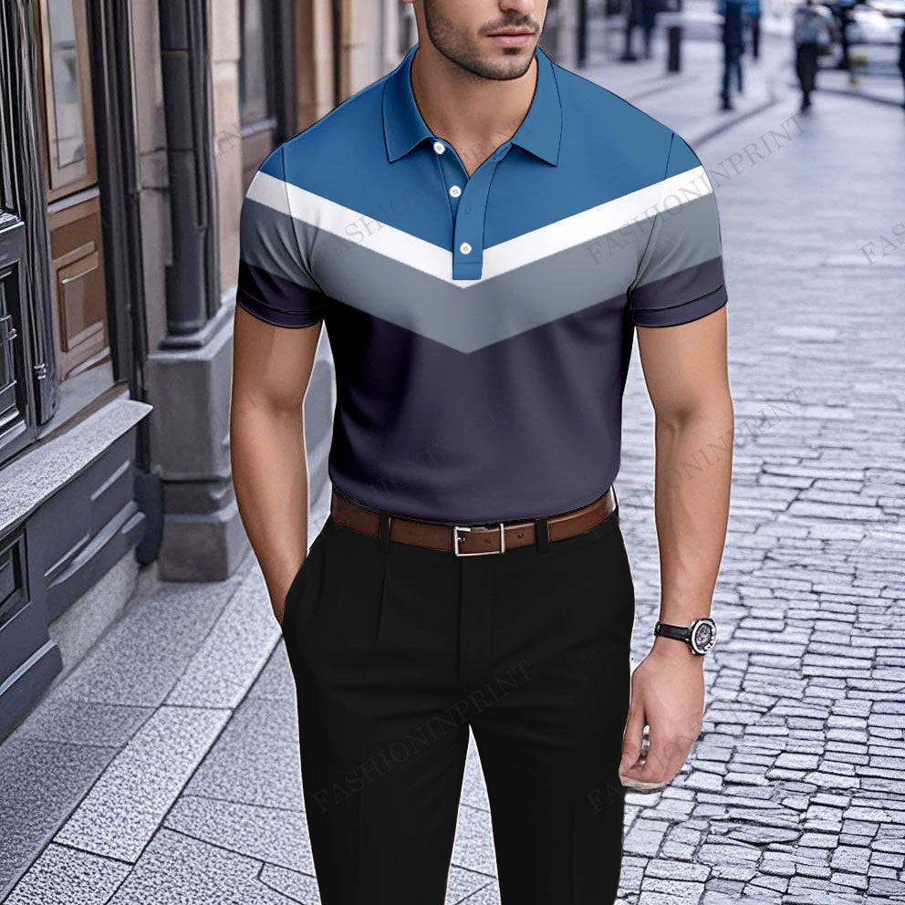 Men's Casual Blue And Gray Geometric Shapes Printed Short-Sleeve Polo Shirt