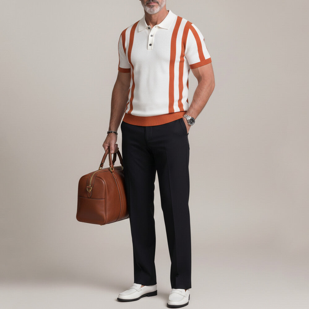Men's Daily Black Contrast Striped Pattern Slim Knit Polo Shirt