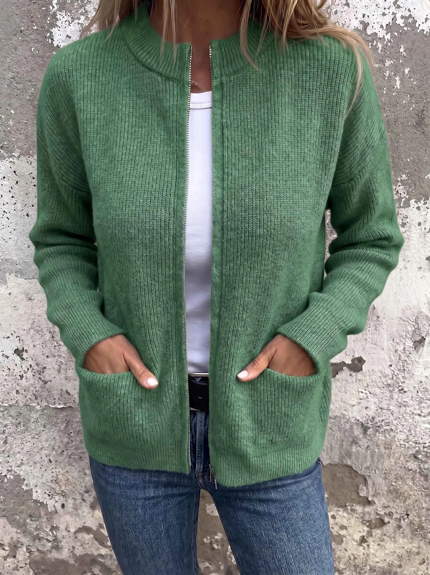 CLEARANCE SALE🔥 Round Neck Ribbed Knit Zip Jacket