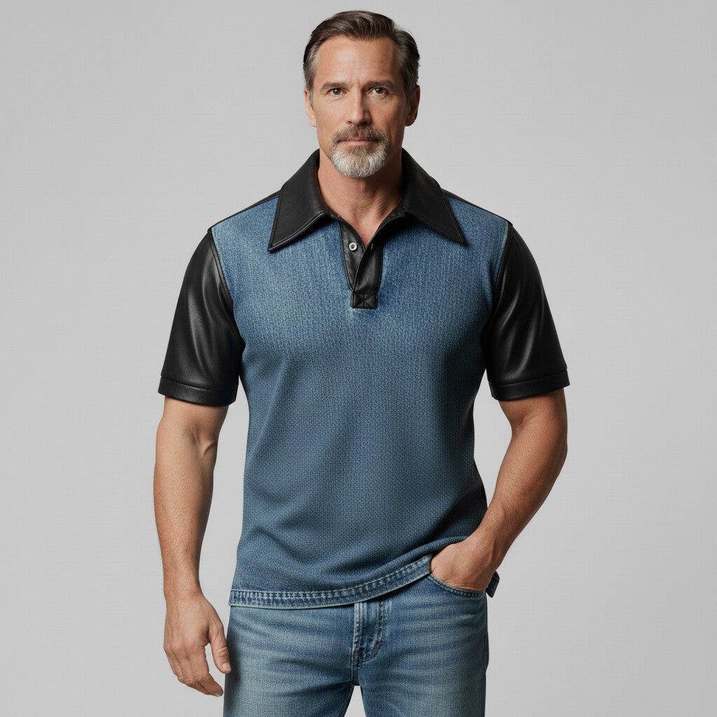 Men's PU Leather Patchwork Denim Two-Tone Slim Short Sleeve Polo Shirt