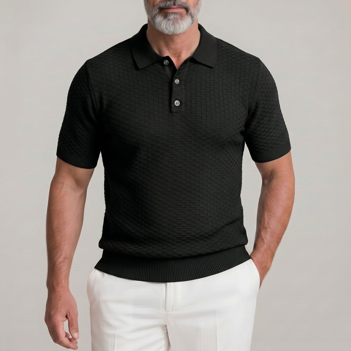 Men's Solid Color Geometric Texture Ribbed Hem Polo Shirt