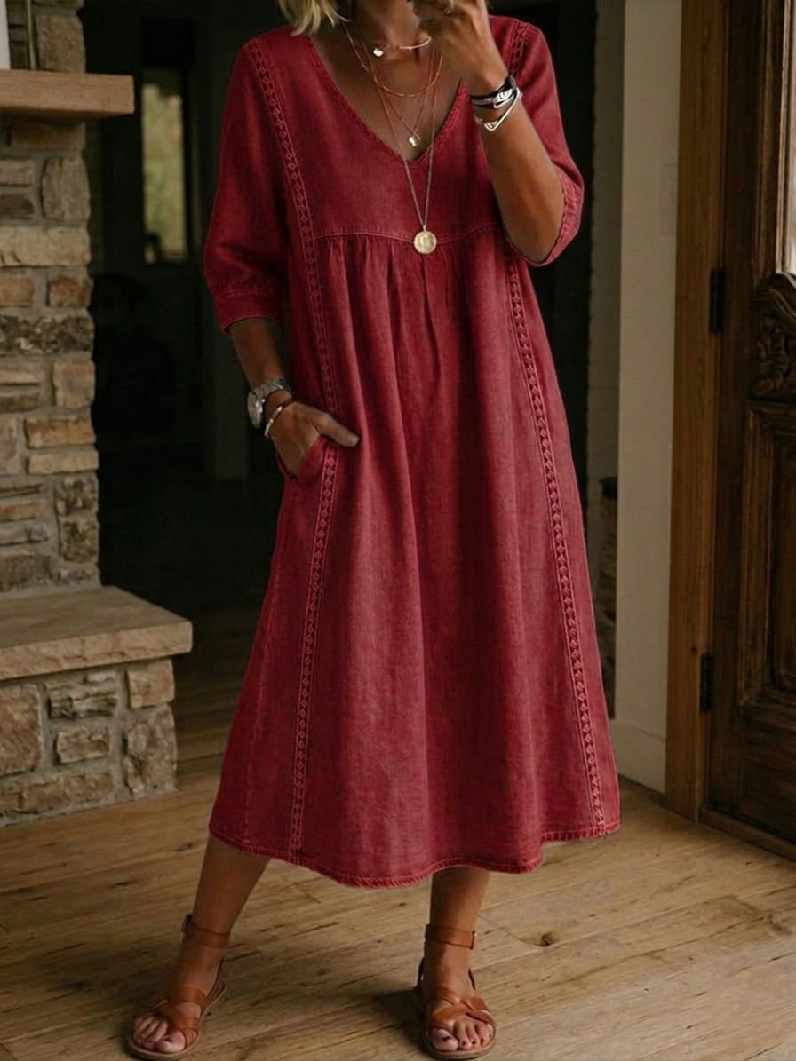 Clearance Sale🔥 Women's Casual Loose-fitting Patchwork Lace Trim Linen And Cotton Dress