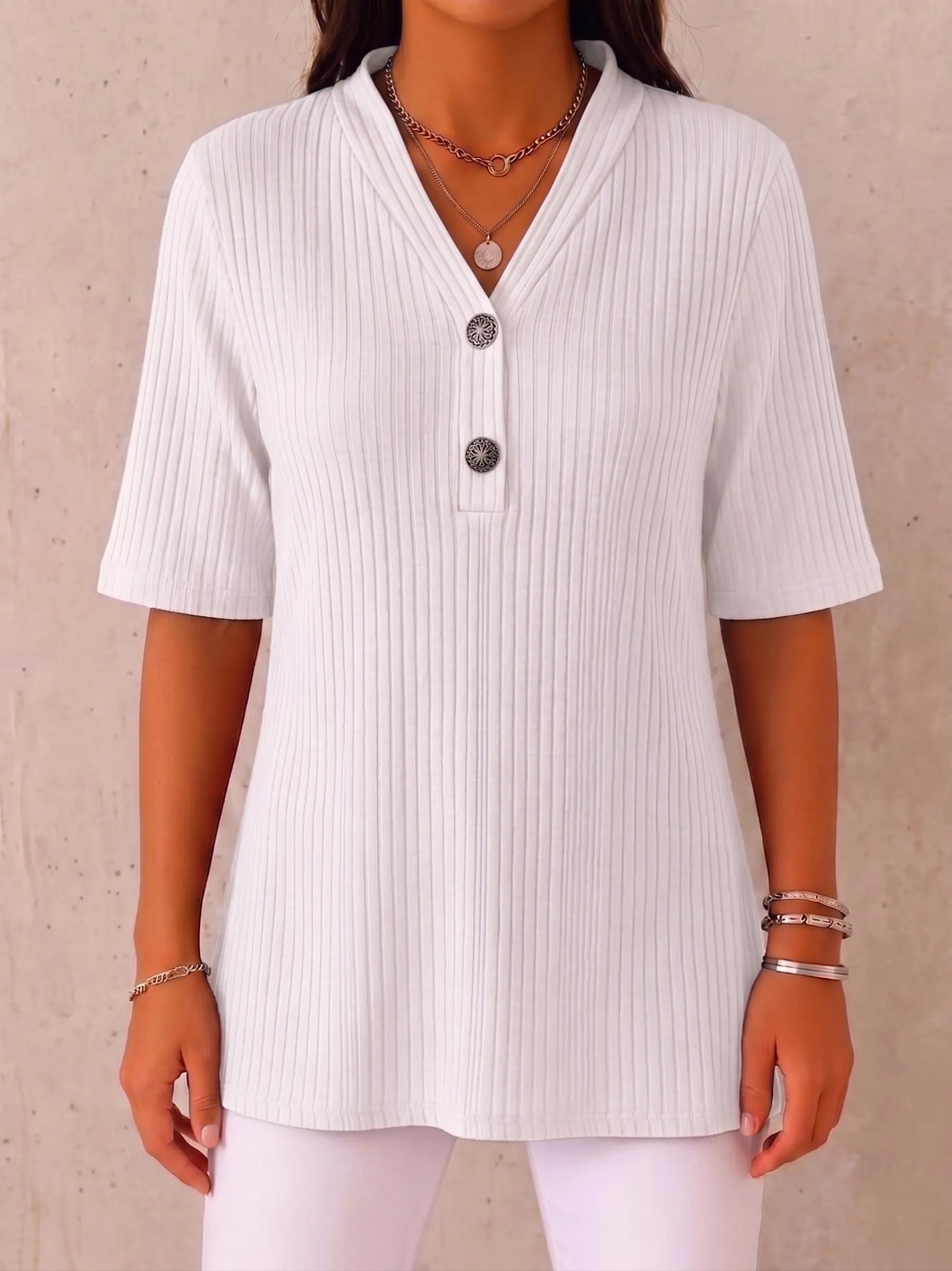 CLEARANCE SALE🔥 Ribbed Button-Neck Tee