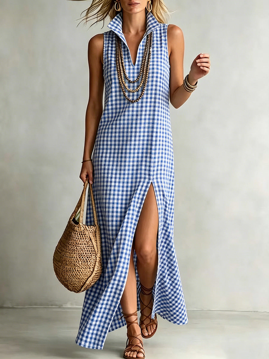 Elegant cotton-linen checkered print dress with a stand-up collar