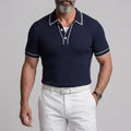 Men's Casual Navy Blue Ribbed Knit Contrast Binding Slim Fit Polo Shirt