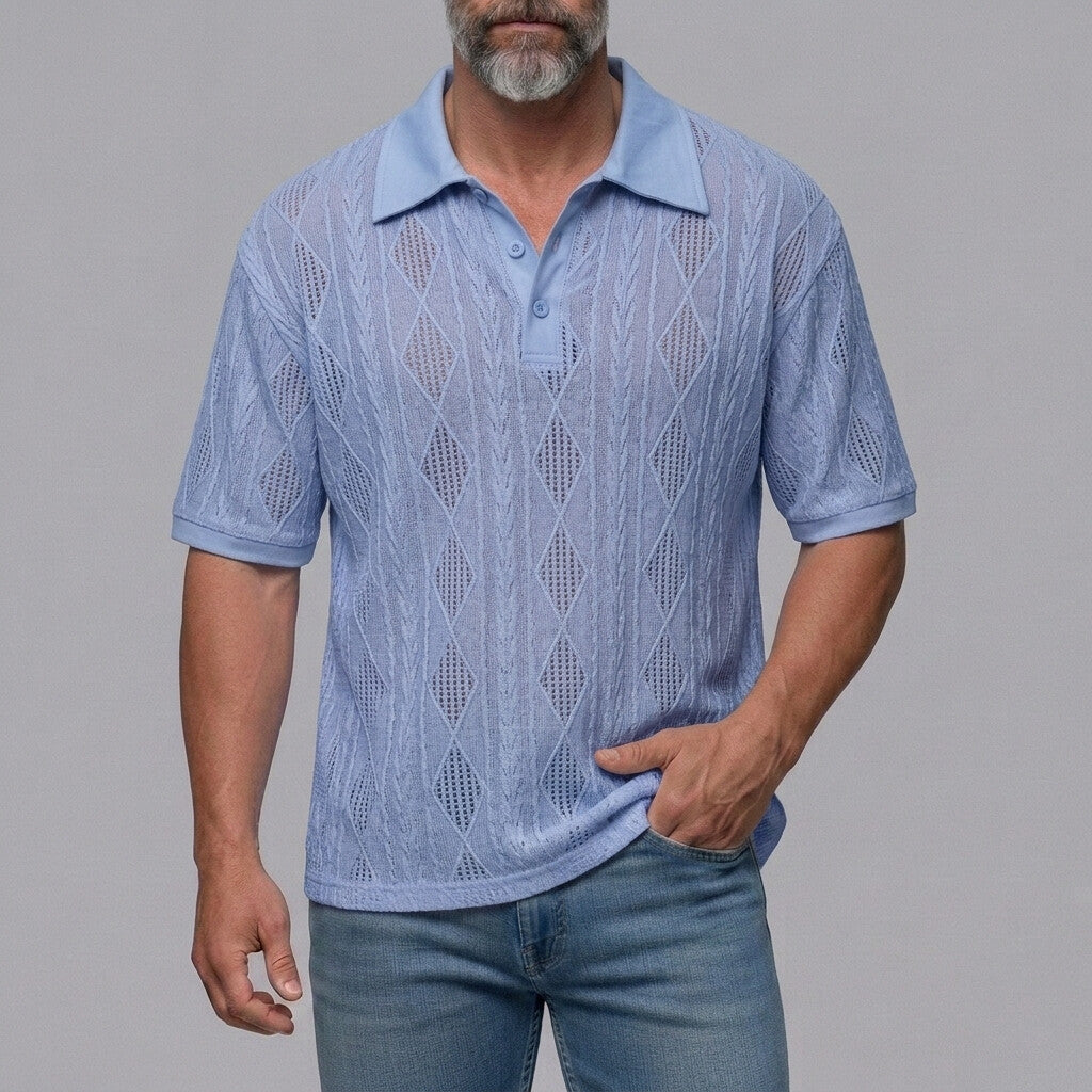Men's Solid Color Diamond Pattern Textured Hollow Out Casual Polo Shirt