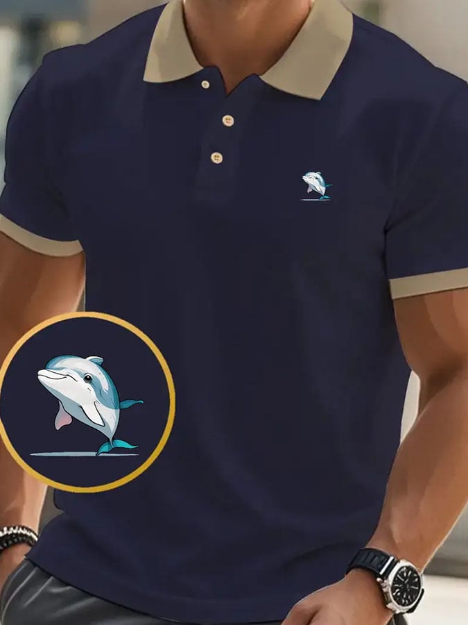 Men's Classic Casual Dolphin Business Fashion Color Block Polo Shirt