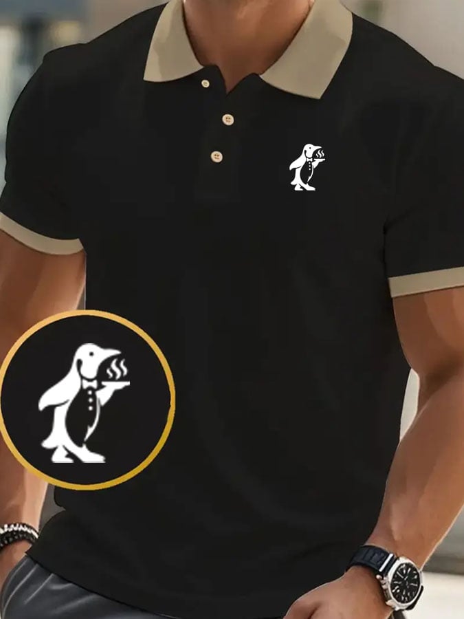 Men's Classic Casual Business Penguin Fashion Color Block Polo Shirt