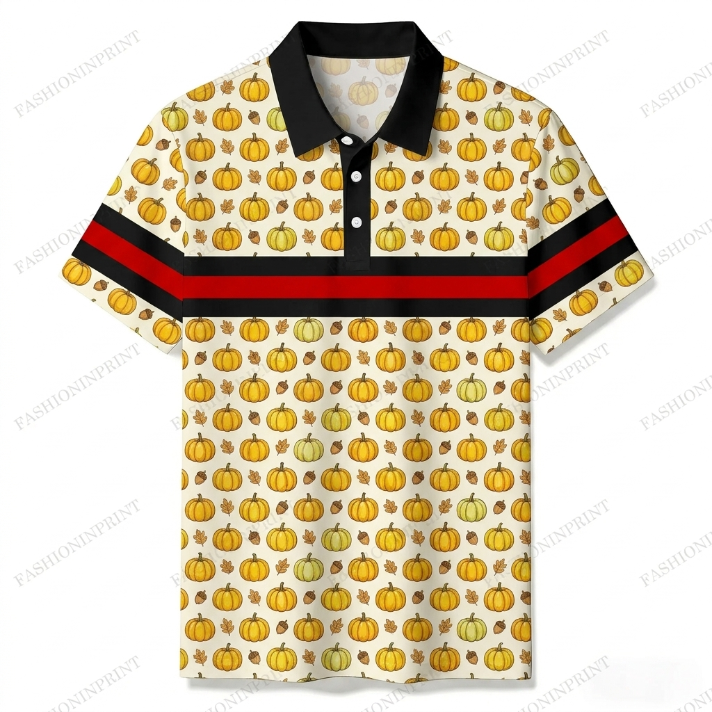 Men's Summer Fashion White Pumpkin Printed Polo Short-Sleeve