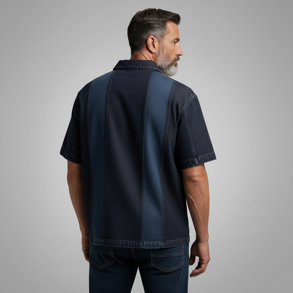 Men's Dark Blue Turndown Collar Contrast Color Seam Detail Short Sleeve Polo Shirt