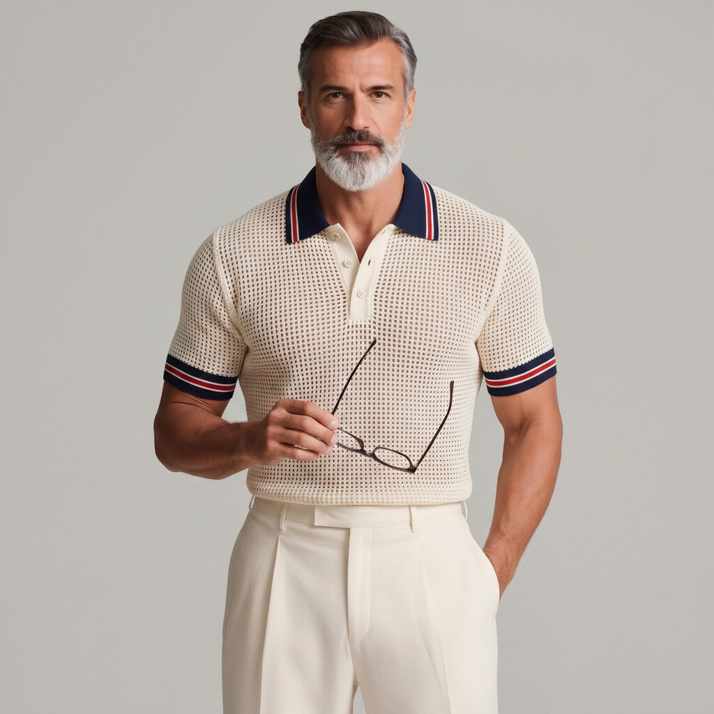 Men's Beige Mesh Hollow Out Contrast Stripes Slim Polo Shirt