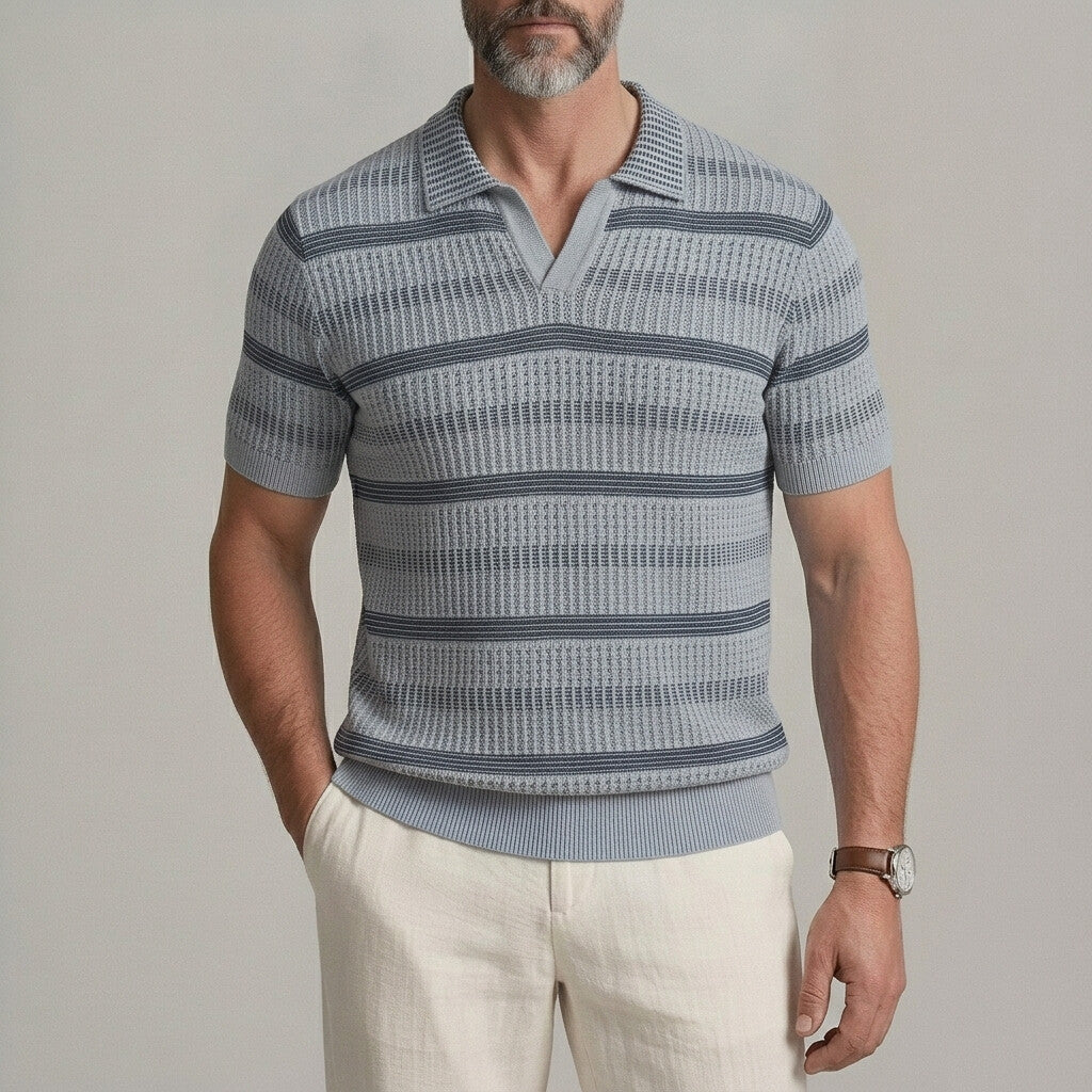 Men's Casual Striped Hollow Out Cable Knitted Breathable Polo Shirt