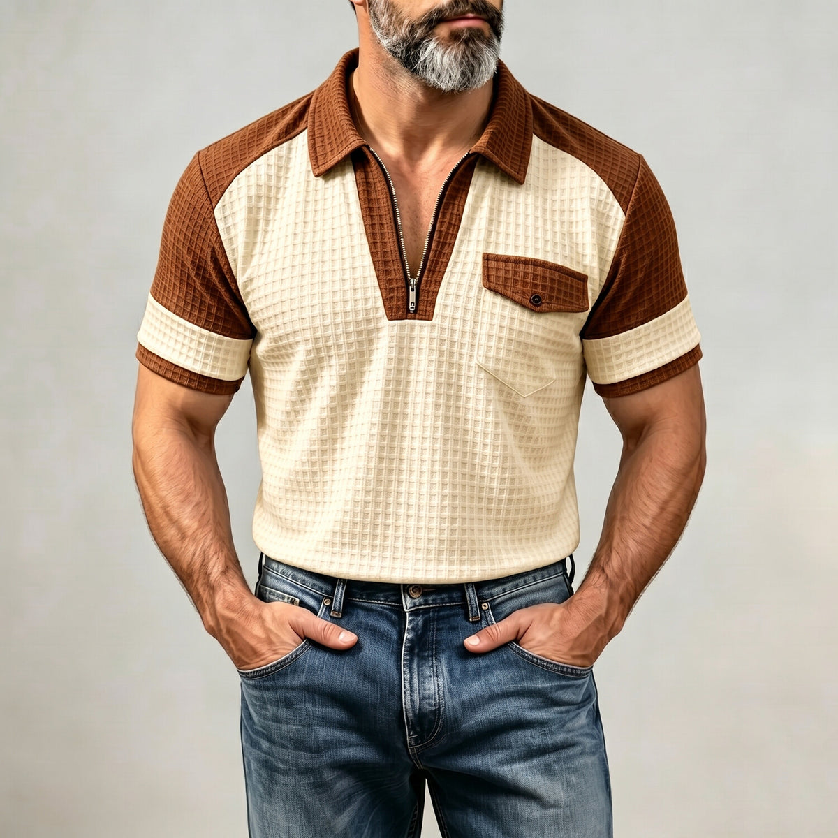 Men's Flap Pocket Waffle Textured Colorblock Short Sleeve Half Zip Polo Shirt