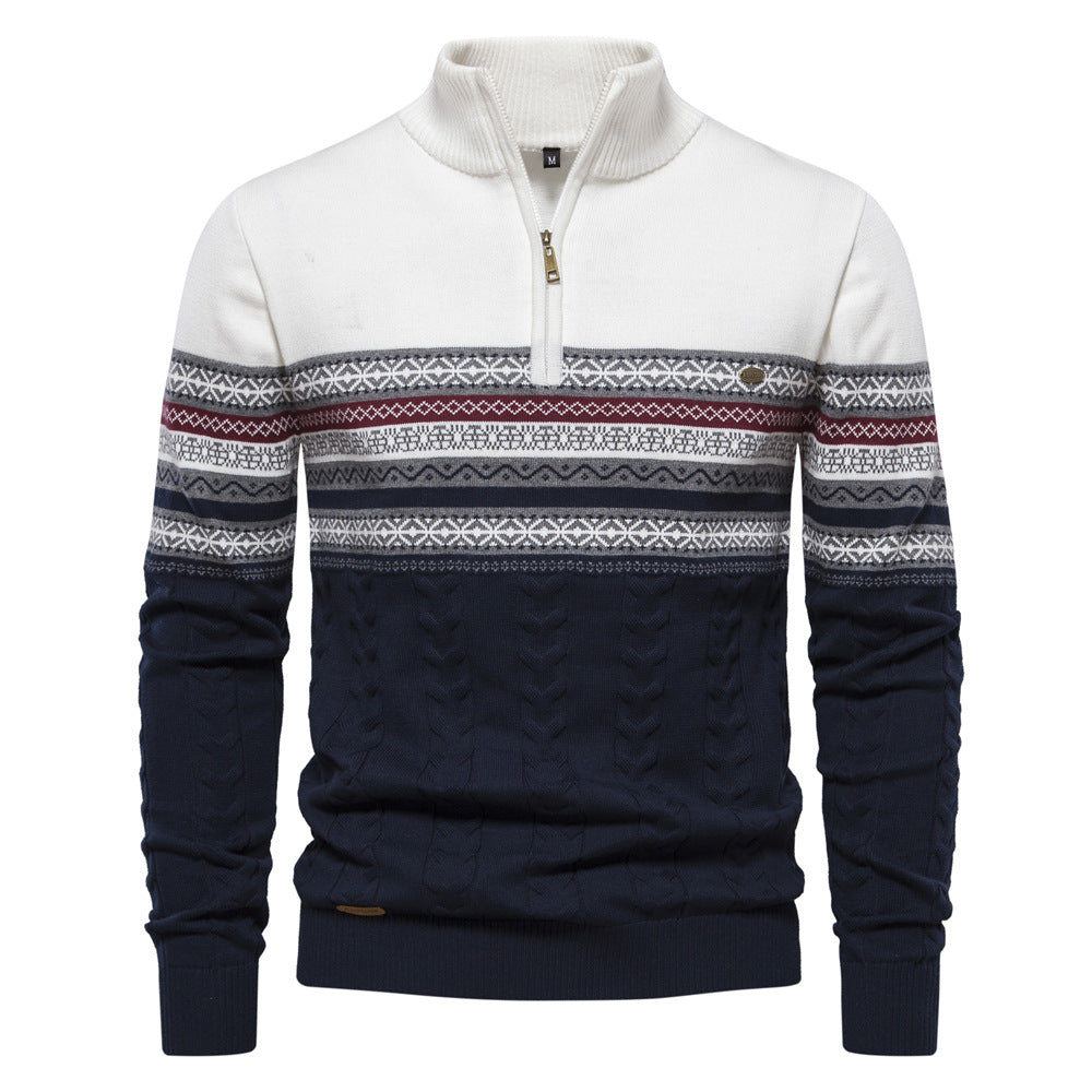 Men's Contrast Color Stand Collar Zip Long Sleeve Fleece Sweatshirt