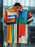 Men's Business Casual Stripe Print Button Short Sleeve Polo Shirt