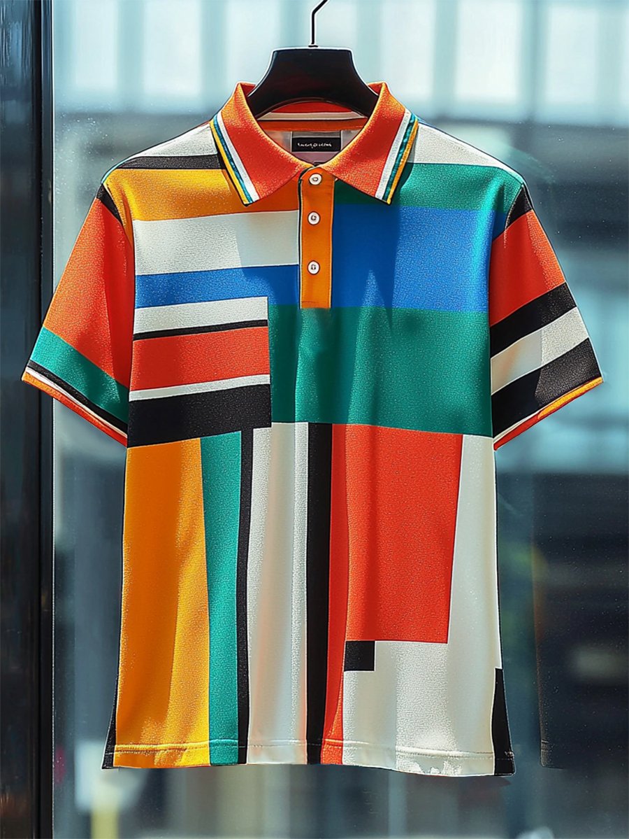 Men's Business Casual Stripe Print Button Short Sleeve Polo Shirt