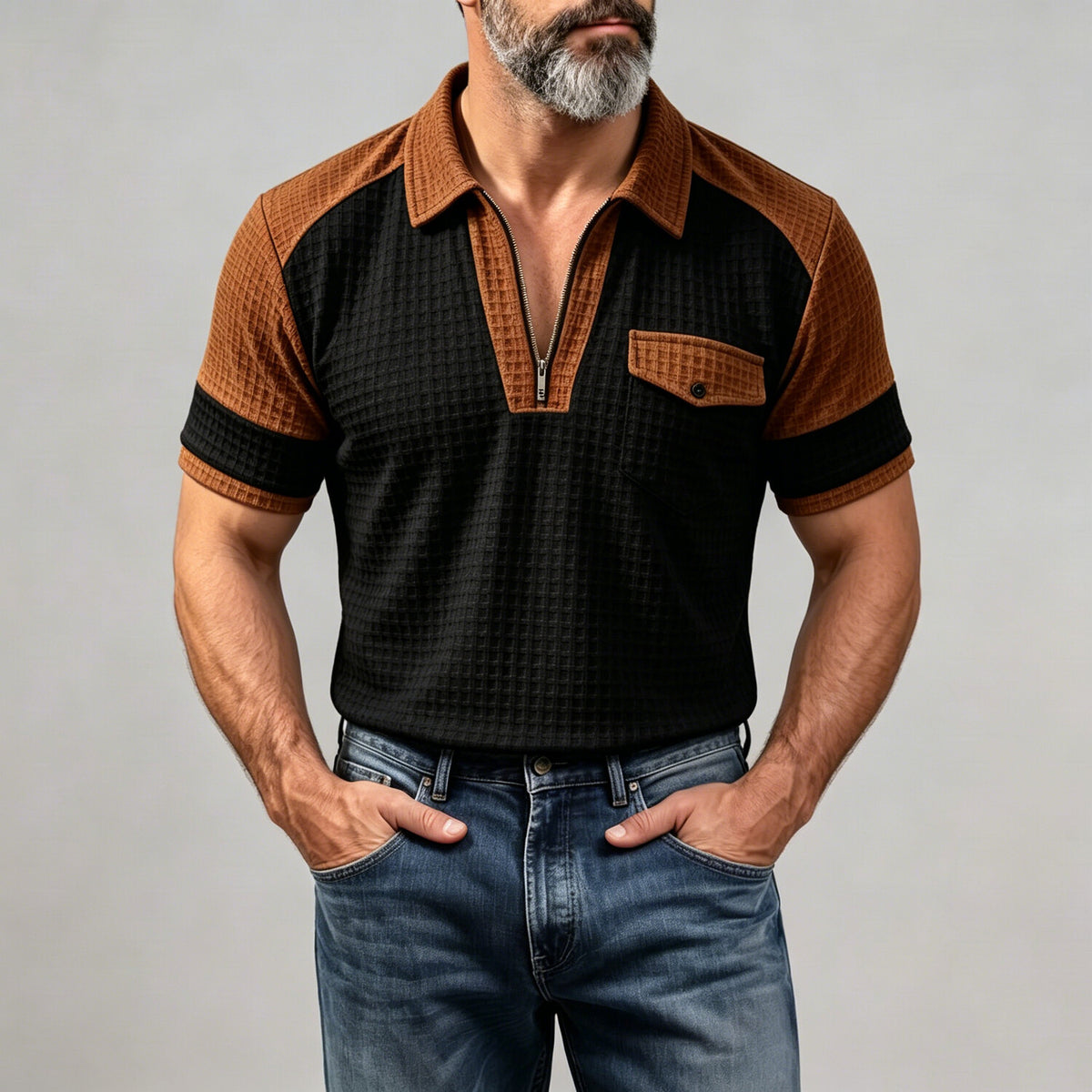 Men's Flap Pocket Waffle Textured Colorblock Short Sleeve Half Zip Polo Shirt
