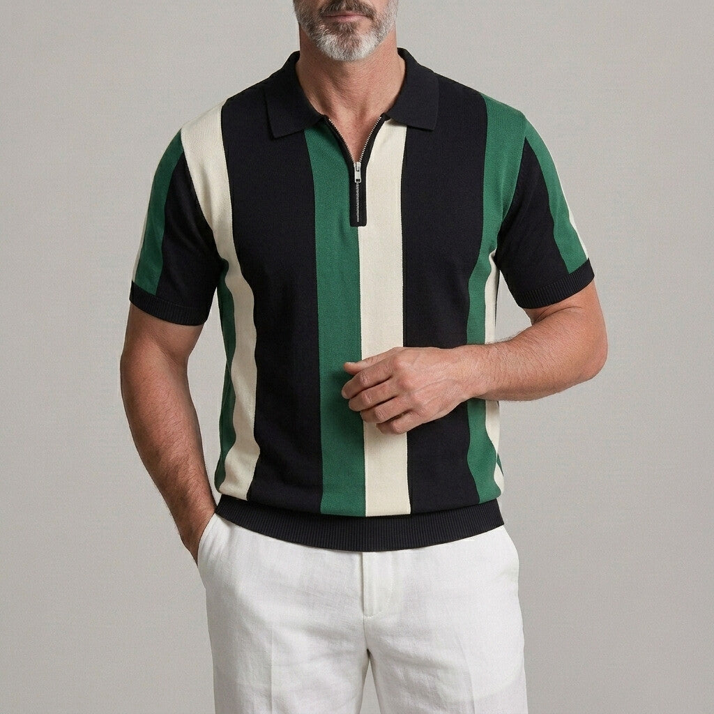 Men's Business Casual Colorblock Half Zipper Slim Knitted Polo Shirt