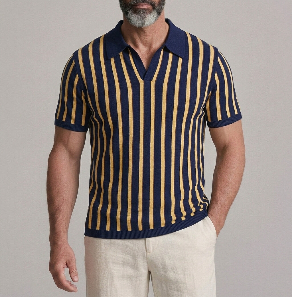 Men's Casual Contrast Striped Print Knitted Slim Polo Shirt