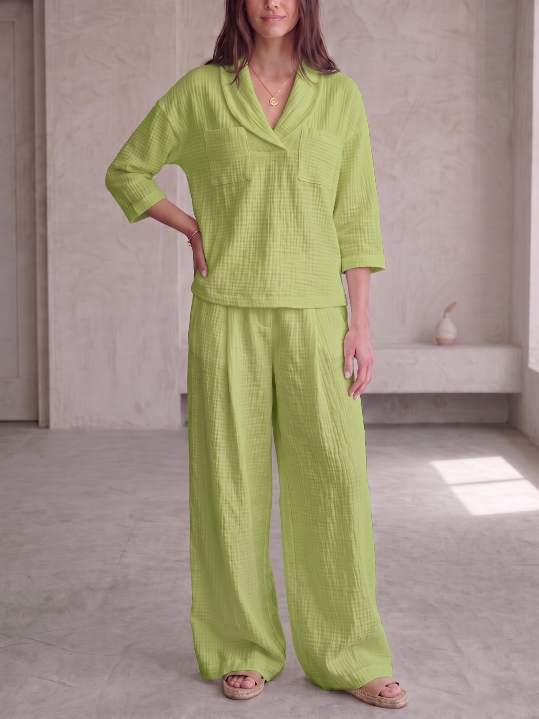 Clearance Sale🔥 Women's Peter Pan Collar V-Neck 3/4-Sleeve Cotton-Linen Two-Piece Set