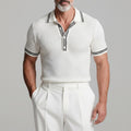 Men's Casual White Waffle Texture Contrast Striped Slim Fit Polo Shirt