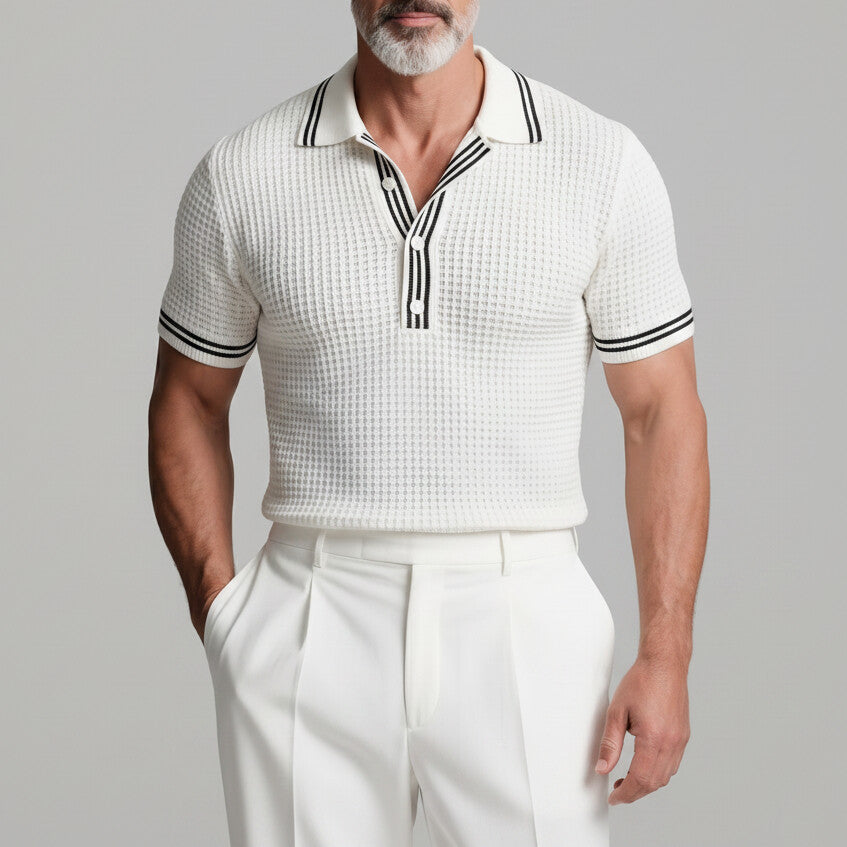 Men's Casual White Waffle Texture Contrast Striped Slim Fit Polo Shirt