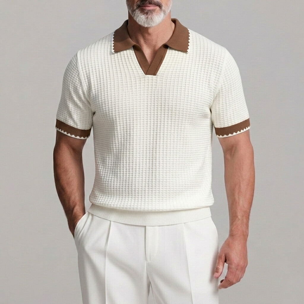 Men's Casual Scalloped Pattern Turndown Collar Short Sleeve Textured Polo Shirt