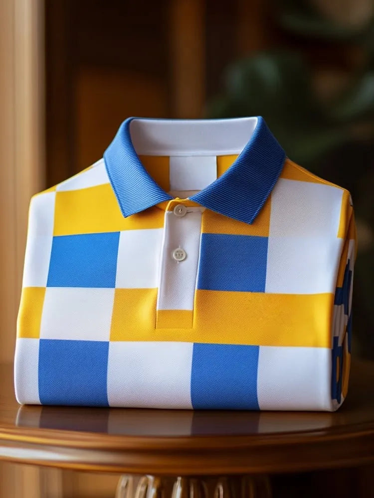 Men's Classic Business Check Logo Button Short Sleeve Polo Shirt MYY25100709