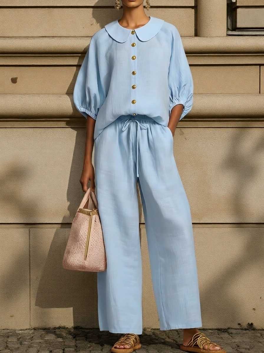 Clearance Sale🔥 Stylish Peter Pan Collar Shirt And Wide-leg Pant Linen Two-piece Set