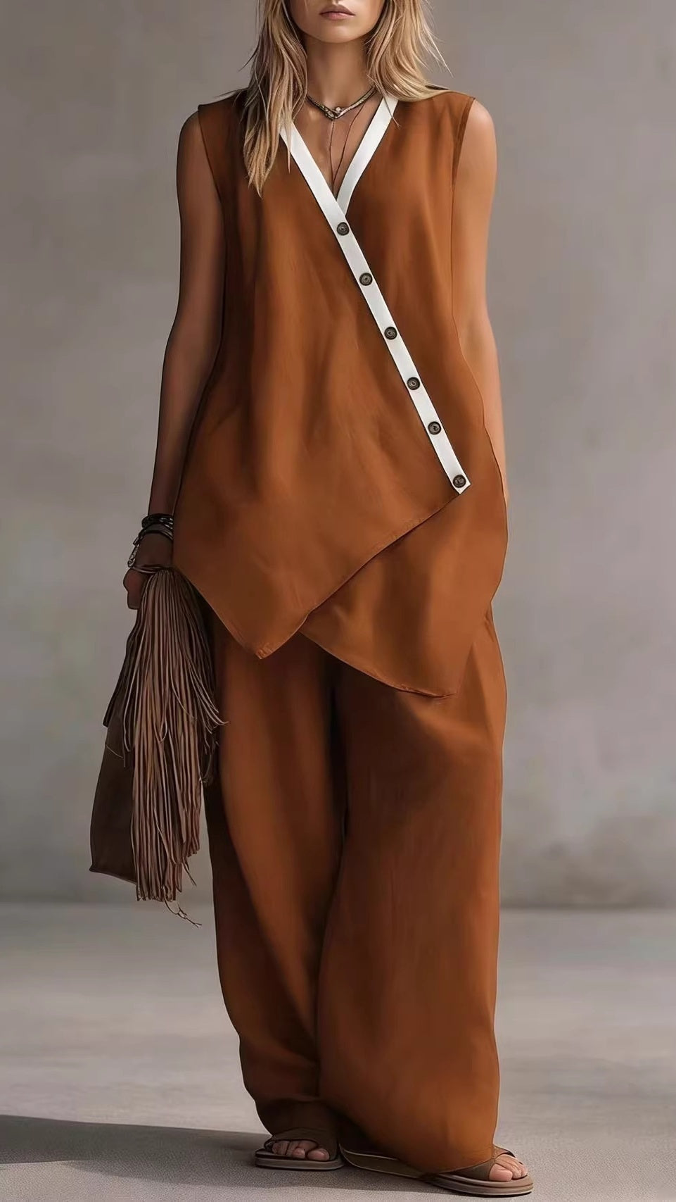 Women's V-Neck Sleeveless Wide-Leg Pants Two-Piece Set with Asymmetrical Buttons