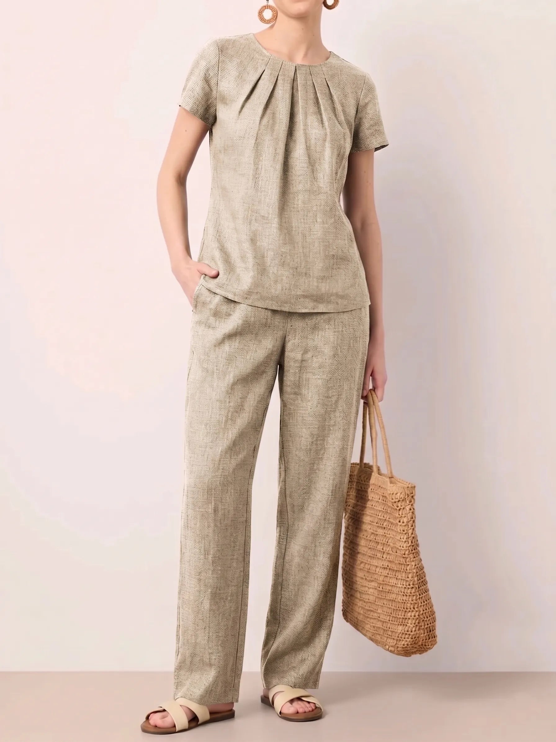 Clearance Sale🔥 Women's Summer Linen Blend 2-Piece Set: Elegant Pleated Round Neck Short Sleeve Top & Wide Leg Long Pants Casual Loungewear