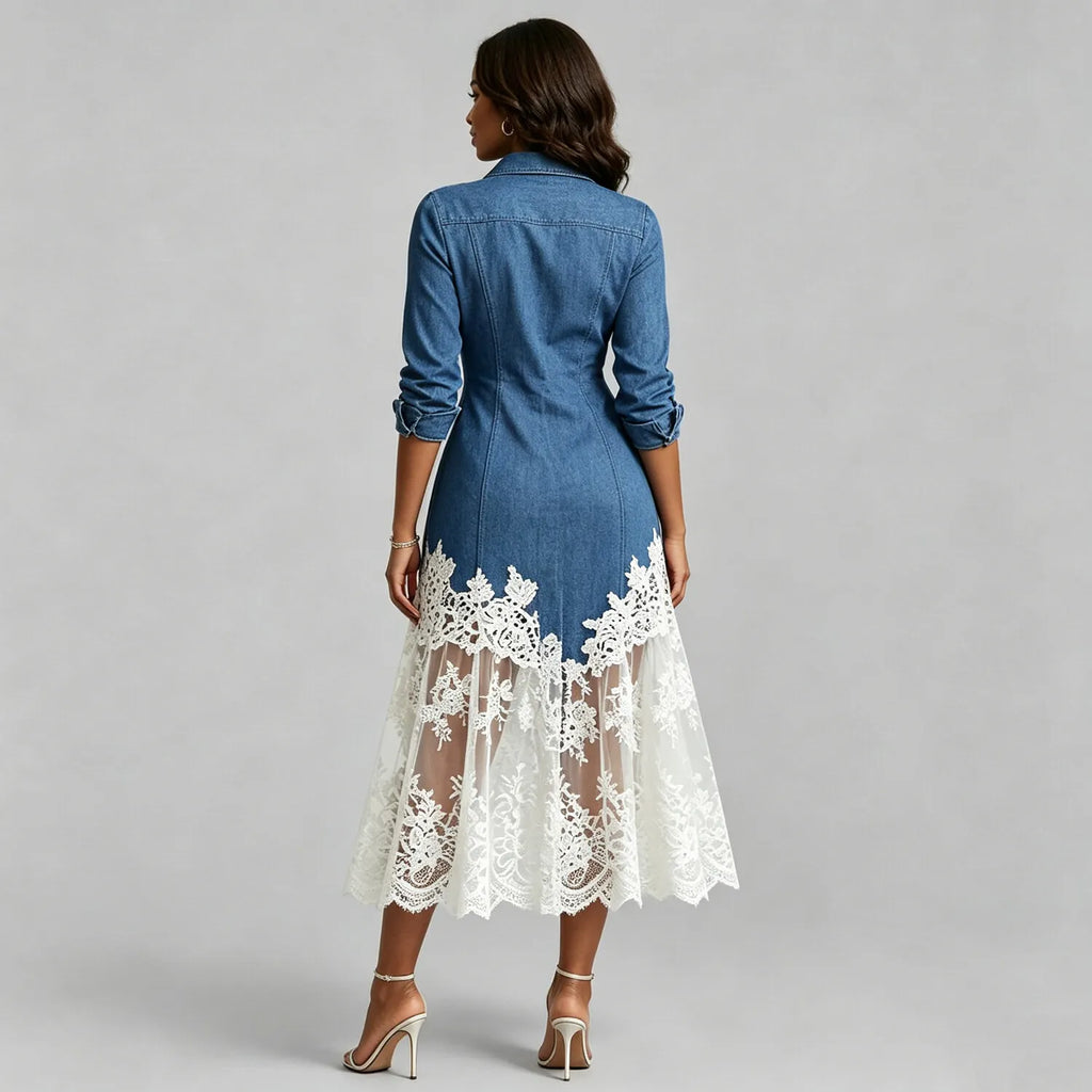 Women's Contrast Color Lace Patchwork Shirt Collar Single Breasted Denim Midi Dress