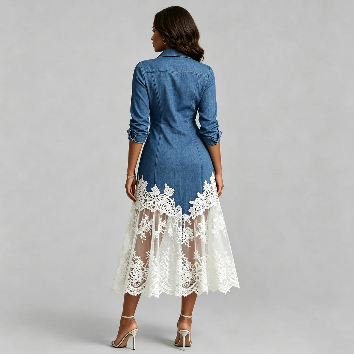 Women's Contrast Color Lace Patchwork Shirt Collar Single Breasted Denim Midi Dress
