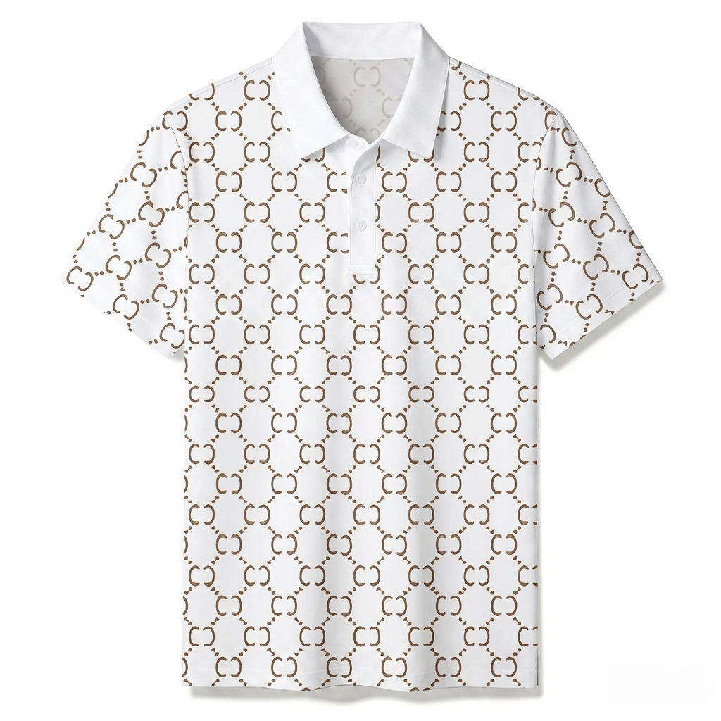Men's Summer Fashion White Checkered Printed Polo Short-Sleeve