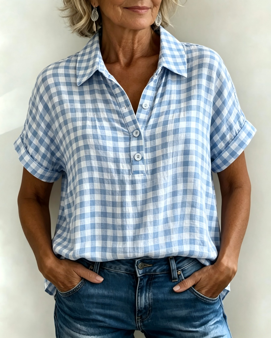 Casual Gingham Cotton-Linen Blouse