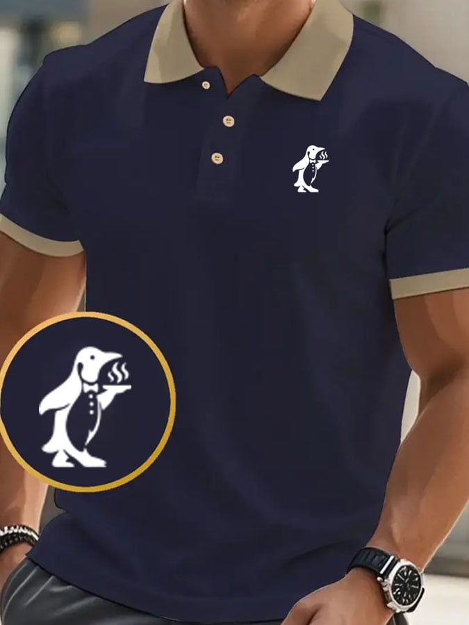 Men's Classic Casual Business Penguin Fashion Color Block Polo Shirt