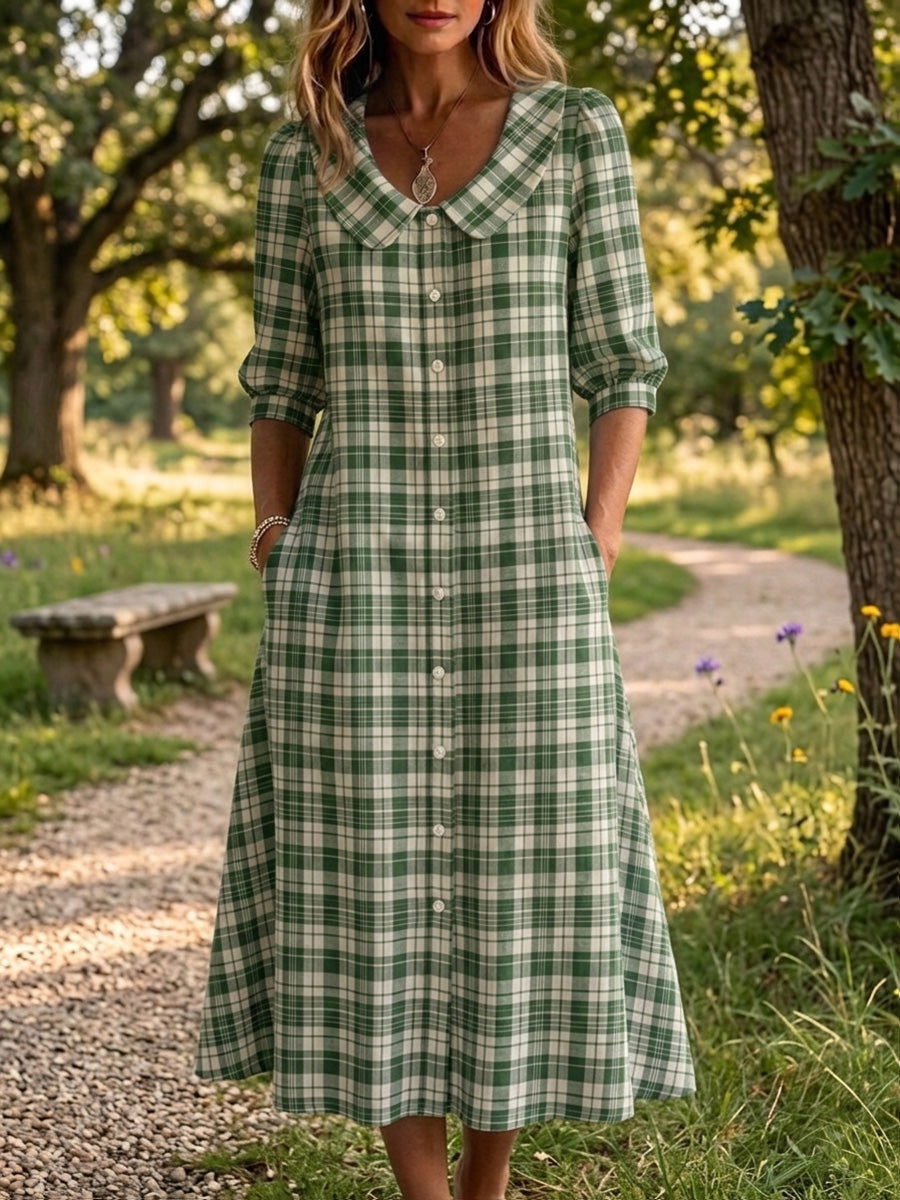 New Arrivals🔥 Women's Retro Peter Pan Collar Stripe Print Cotton Linen Dress