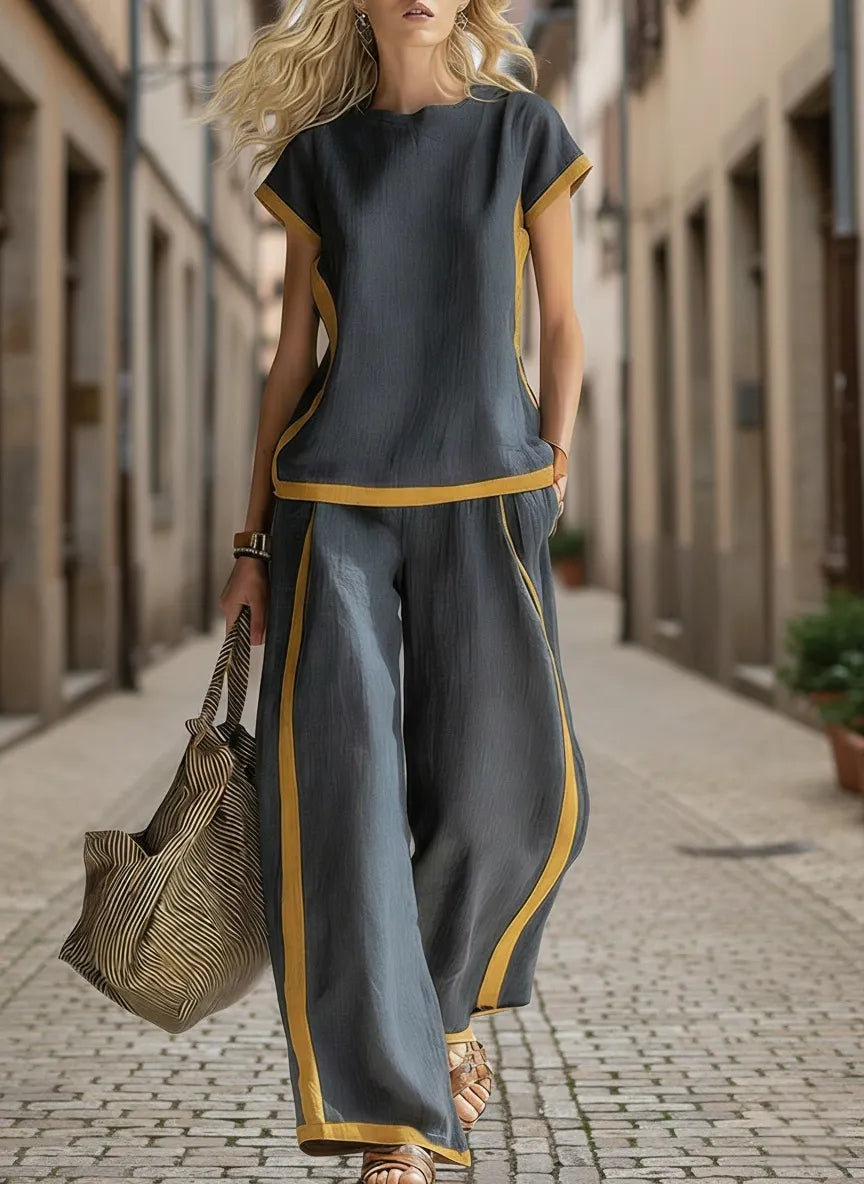 Women's Round Neck Short Sleeve Casual Loose Top And High-waisted Casual Loose Wide-leg Pants Cotton And Linen Set
