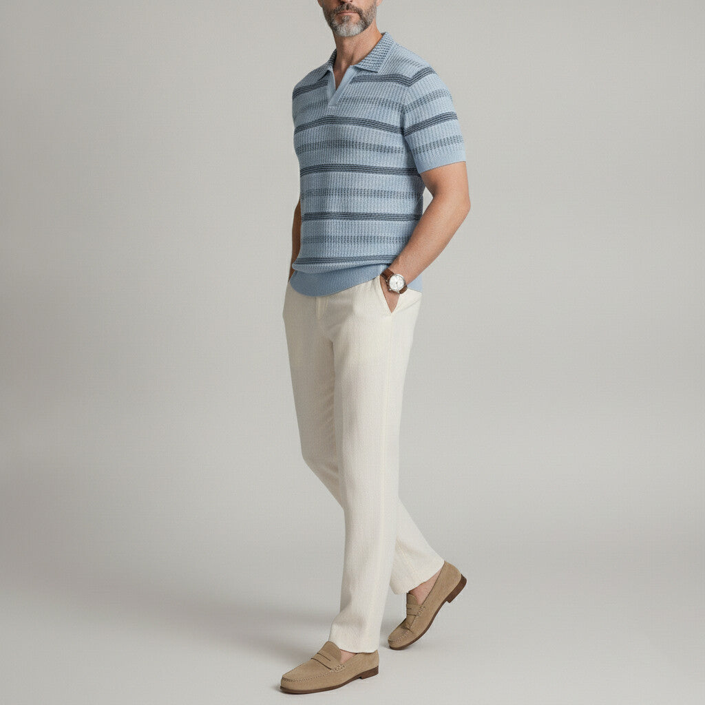 Men's Casual Striped Hollow Out Cable Knitted Breathable Polo Shirt