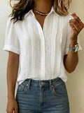 Clearance Sale🔥 Women's Lapel Short-sleeved Casual Loose Pleated Cotton And Linen Shirt T Shirts