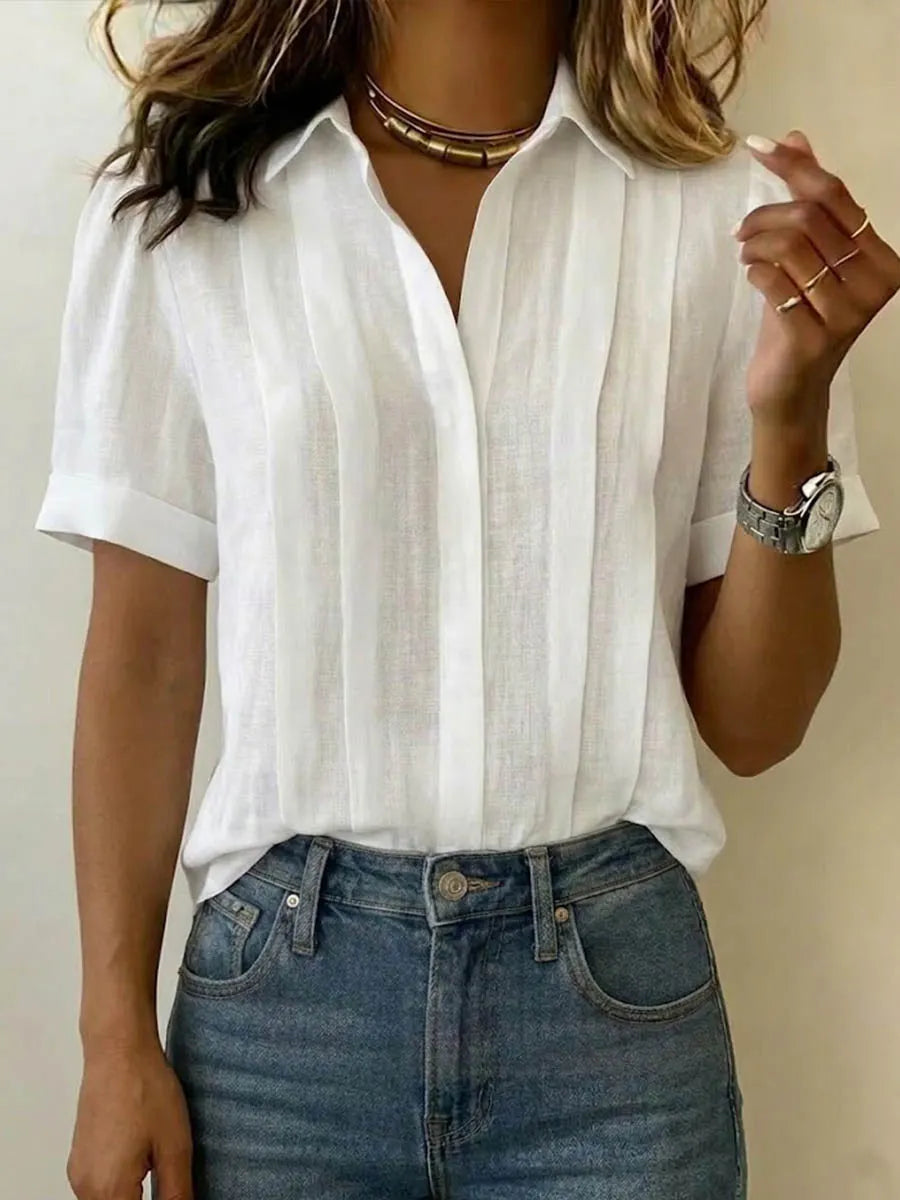 Clearance Sale🔥 Women's Lapel Short-sleeved Casual Loose Pleated Cotton And Linen Shirt T Shirts