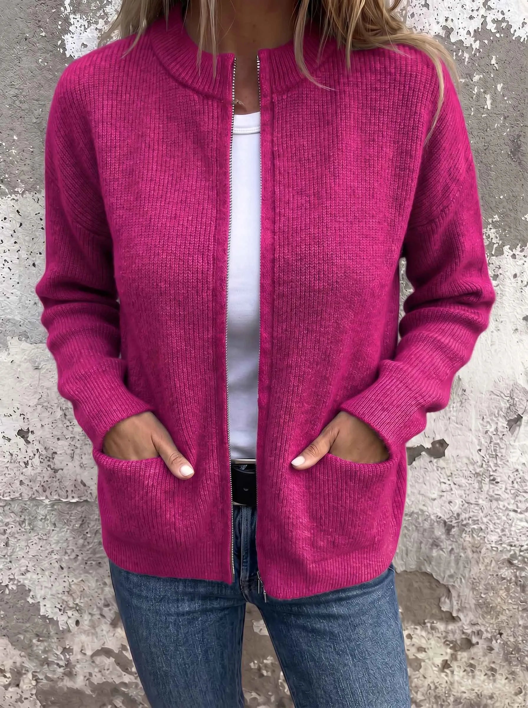 CLEARANCE SALE🔥 Round Neck Ribbed Knit Zip Jacket