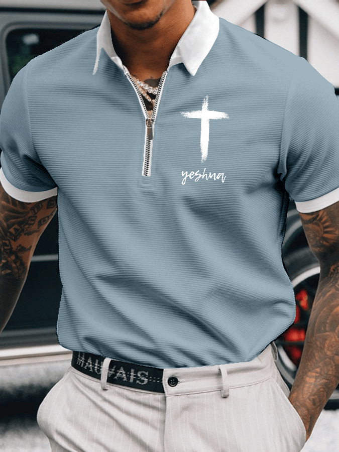 Men's Faith Printed Casual Zip-Up Polo Shirt
