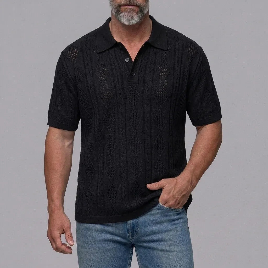 Men's Solid Color Diamond Pattern Textured Hollow Out Casual Polo Shirt